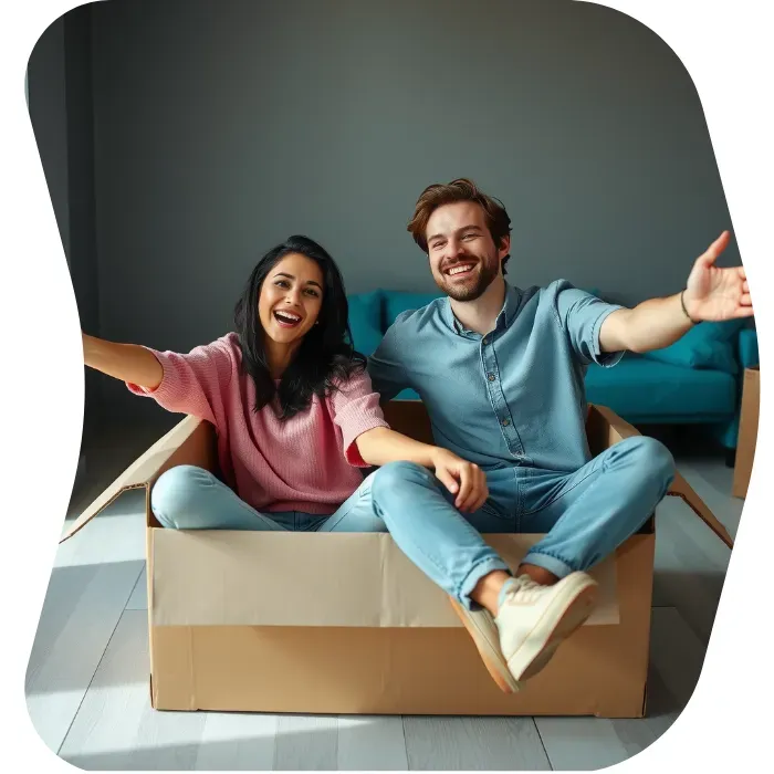 Two guys sitting on the floor of their apartment with Muval moving boxes